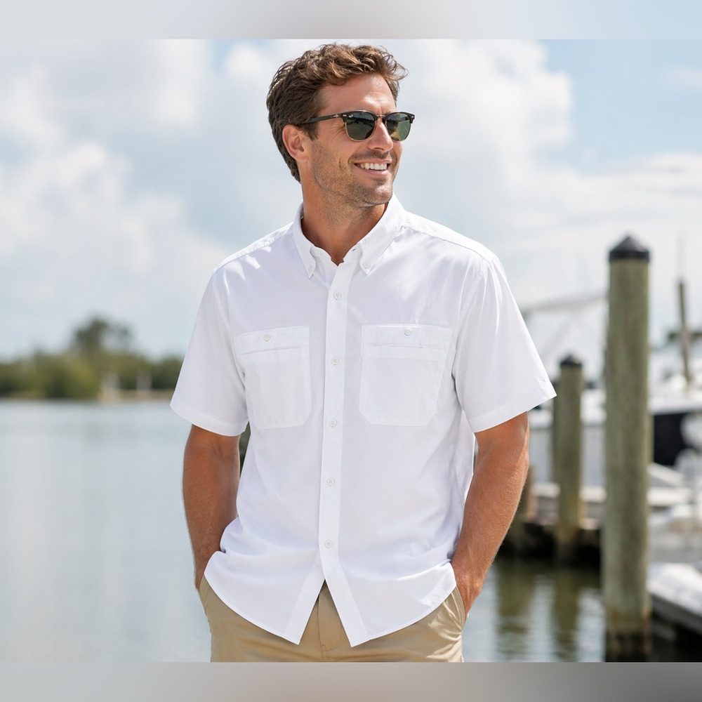 Roundtree & Yorke White Button Shirt UPF 50 Vented Fishing Outdoor Large NWT